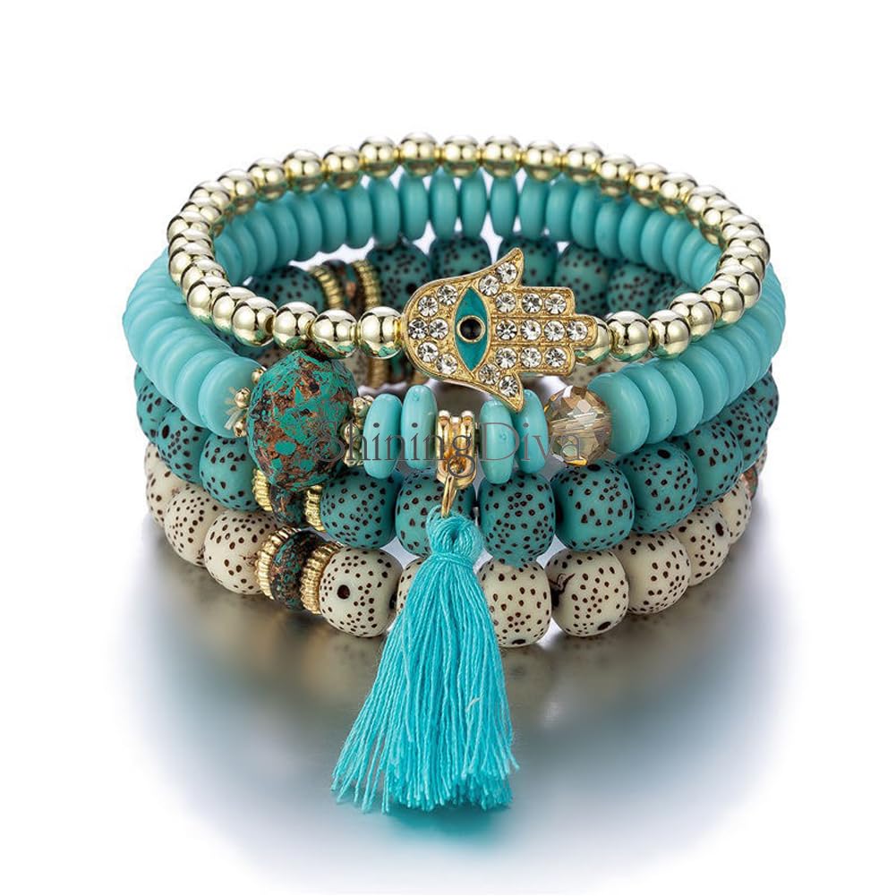 Shining Diva Fashion Bohemian Evil Eye Lucky Protection Hamsa Hand Tassel Charm Beaded Bodhi Stylish Multilayer Bangle Bracelet for Women and Girls - Image 2