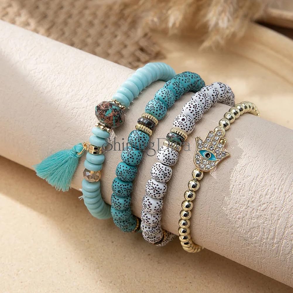 Shining Diva Fashion Bohemian Evil Eye Lucky Protection Hamsa Hand Tassel Charm Beaded Bodhi Stylish Multilayer Bangle Bracelet for Women and Girls - Image 3