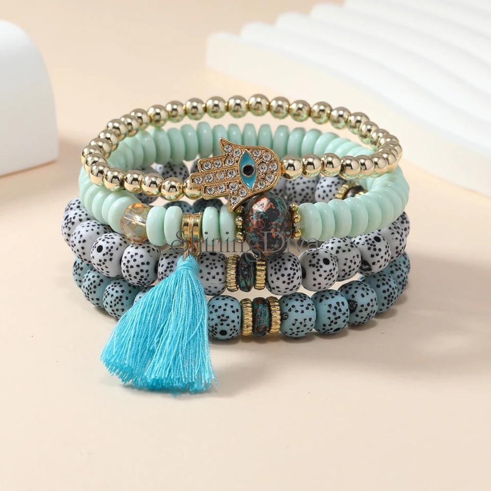 Shining Diva Fashion Bohemian Evil Eye Lucky Protection Hamsa Hand Tassel Charm Beaded Bodhi Stylish Multilayer Bangle Bracelet for Women and Girls - Image 4