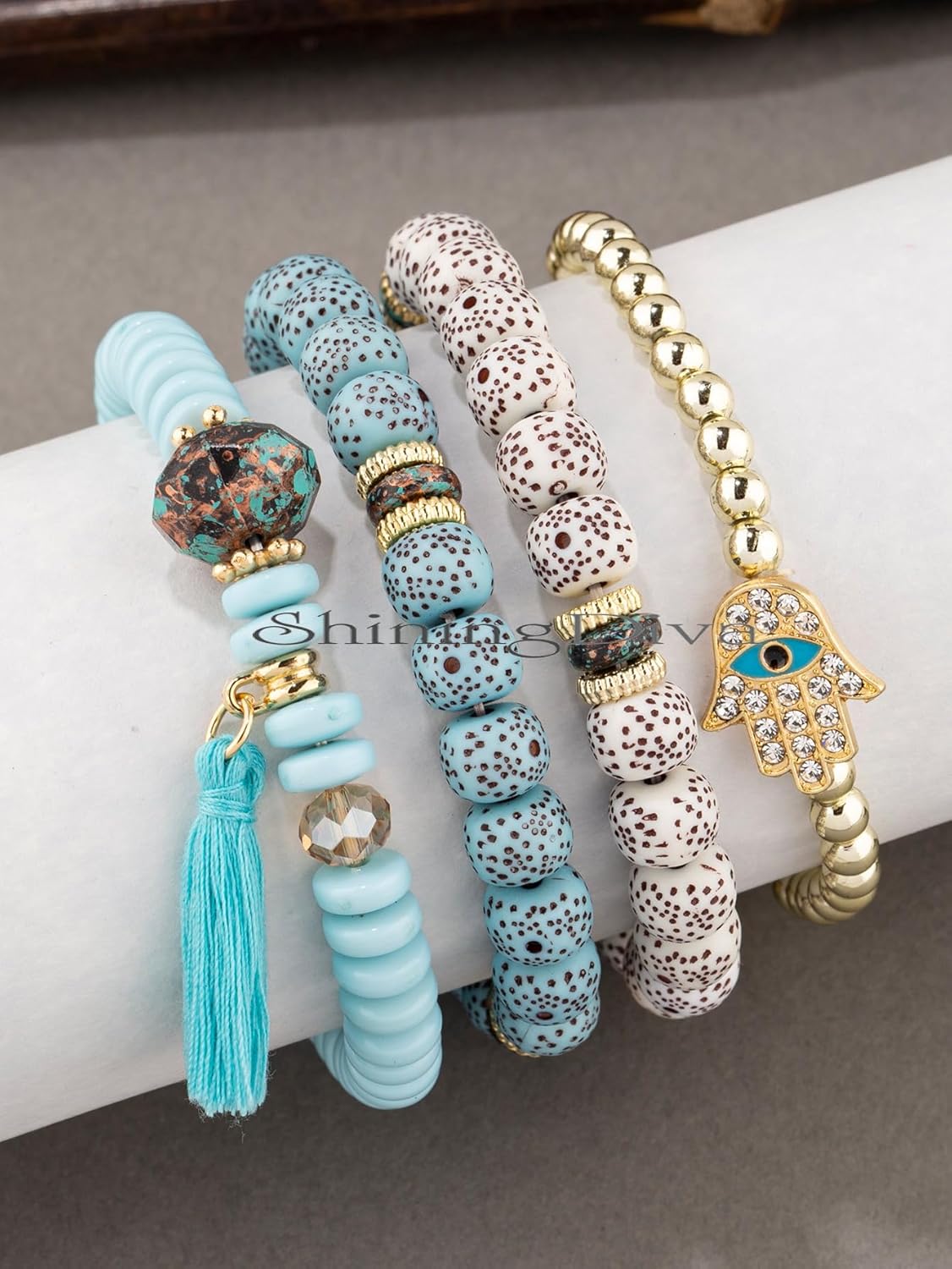 Shining Diva Fashion Bohemian Evil Eye Lucky Protection Hamsa Hand Tassel Charm Beaded Bodhi Stylish Multilayer Bangle Bracelet for Women and Girls - Image 5