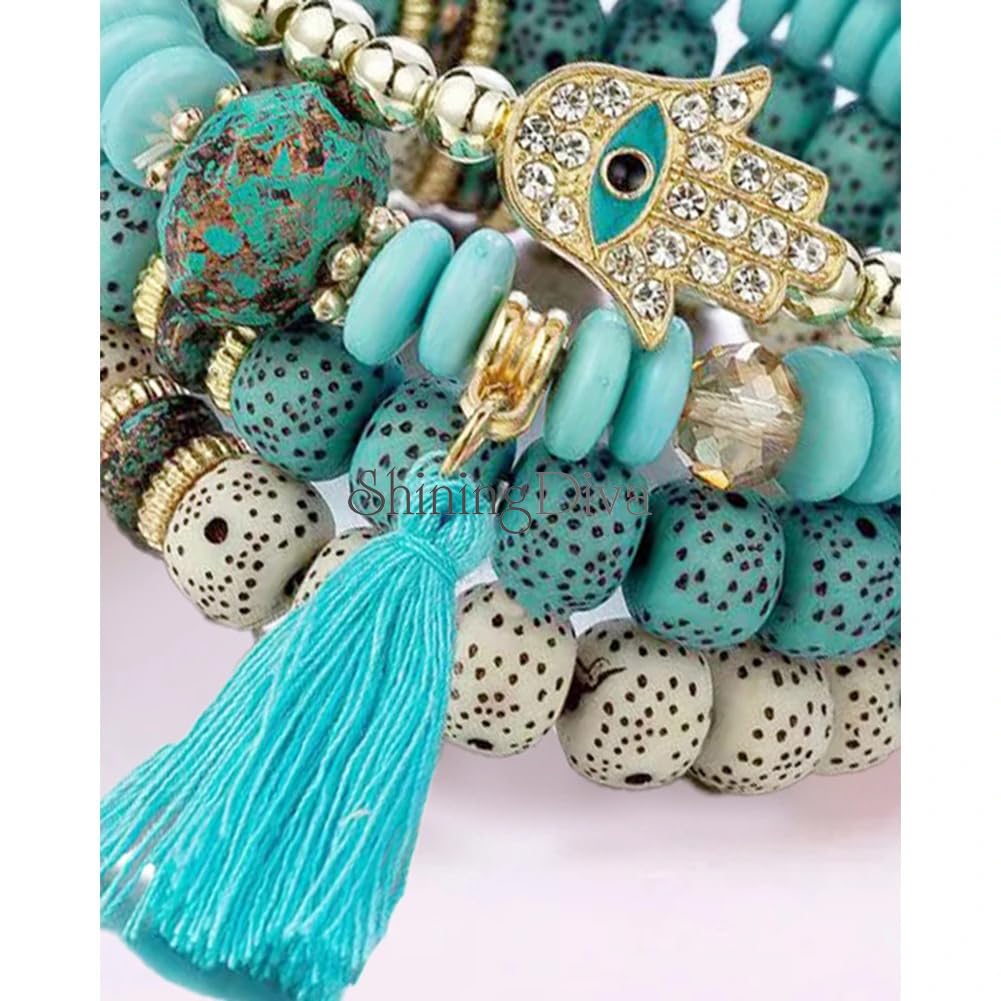 Shining Diva Fashion Bohemian Evil Eye Lucky Protection Hamsa Hand Tassel Charm Beaded Bodhi Stylish Multilayer Bangle Bracelet for Women and Girls - Image 6