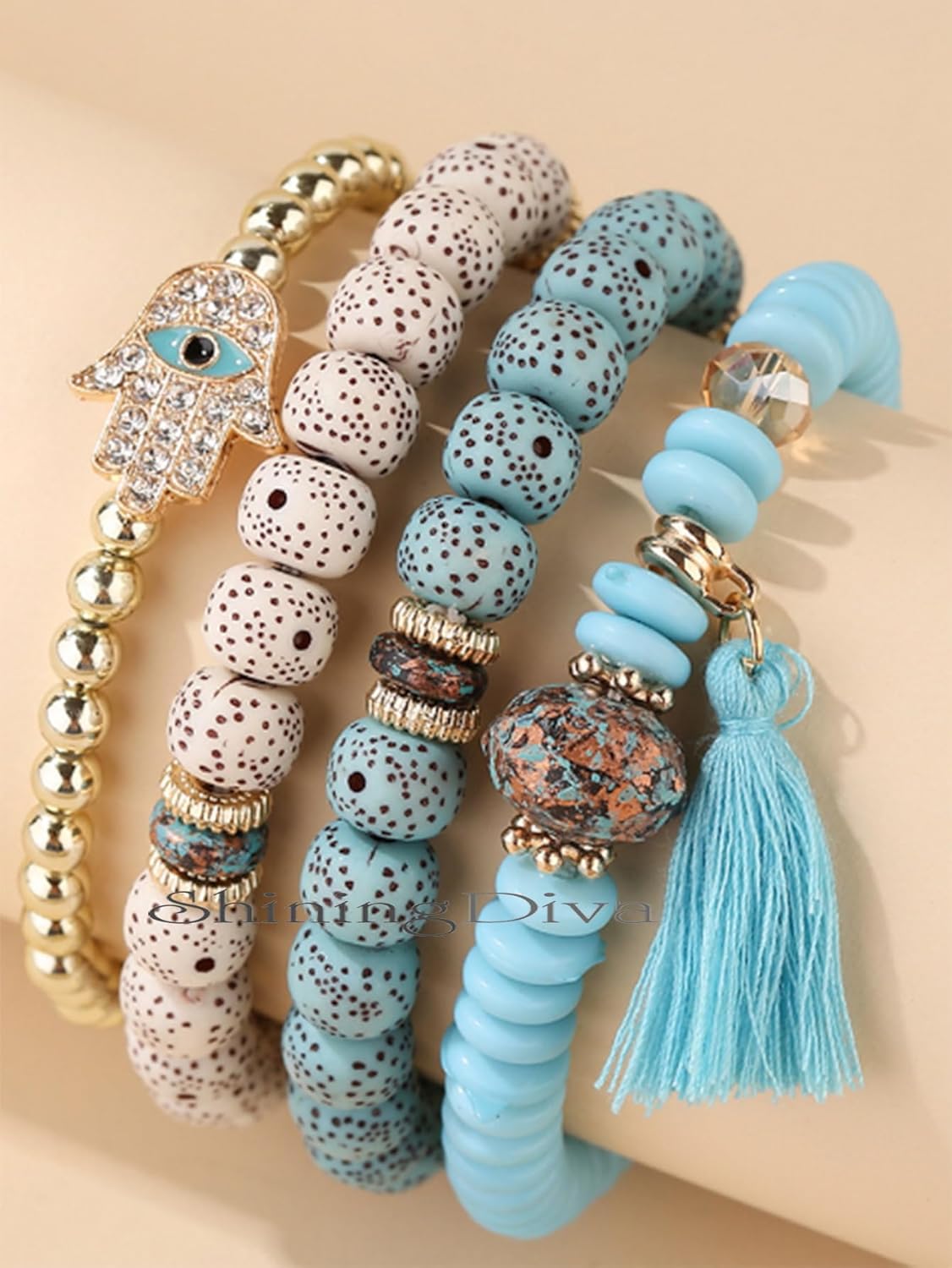Shining Diva Fashion Bohemian Evil Eye Lucky Protection Hamsa Hand Tassel Charm Beaded Bodhi Stylish Multilayer Bangle Bracelet for Women and Girls - Image 7