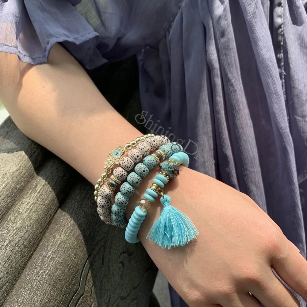Shining Diva Fashion Bohemian Evil Eye Lucky Protection Hamsa Hand Tassel Charm Beaded Bodhi Stylish Multilayer Bangle Bracelet for Women and Girls - Image 8