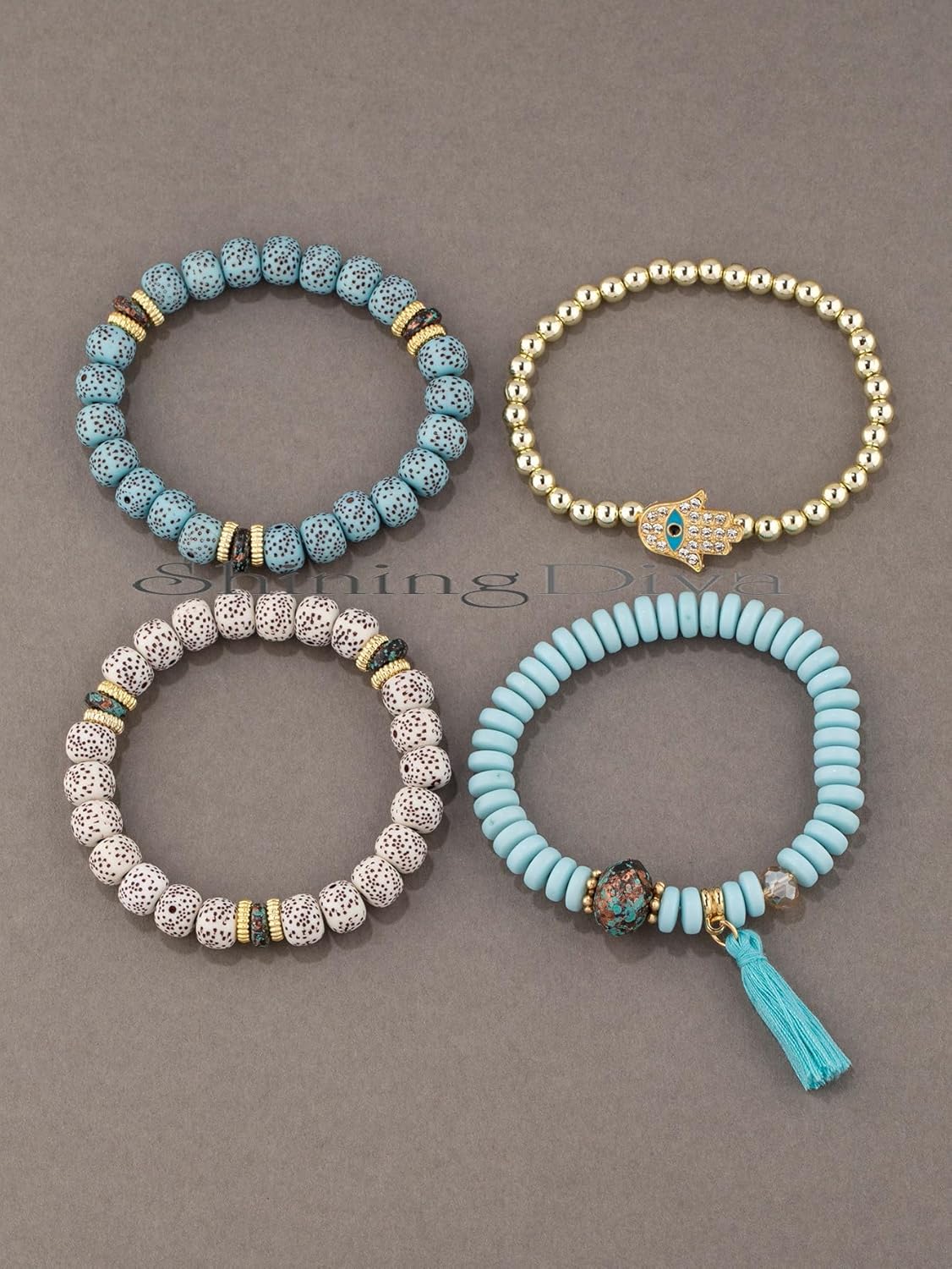 Shining Diva Fashion Bohemian Evil Eye Lucky Protection Hamsa Hand Tassel Charm Beaded Bodhi Stylish Multilayer Bangle Bracelet for Women and Girls - Image 9