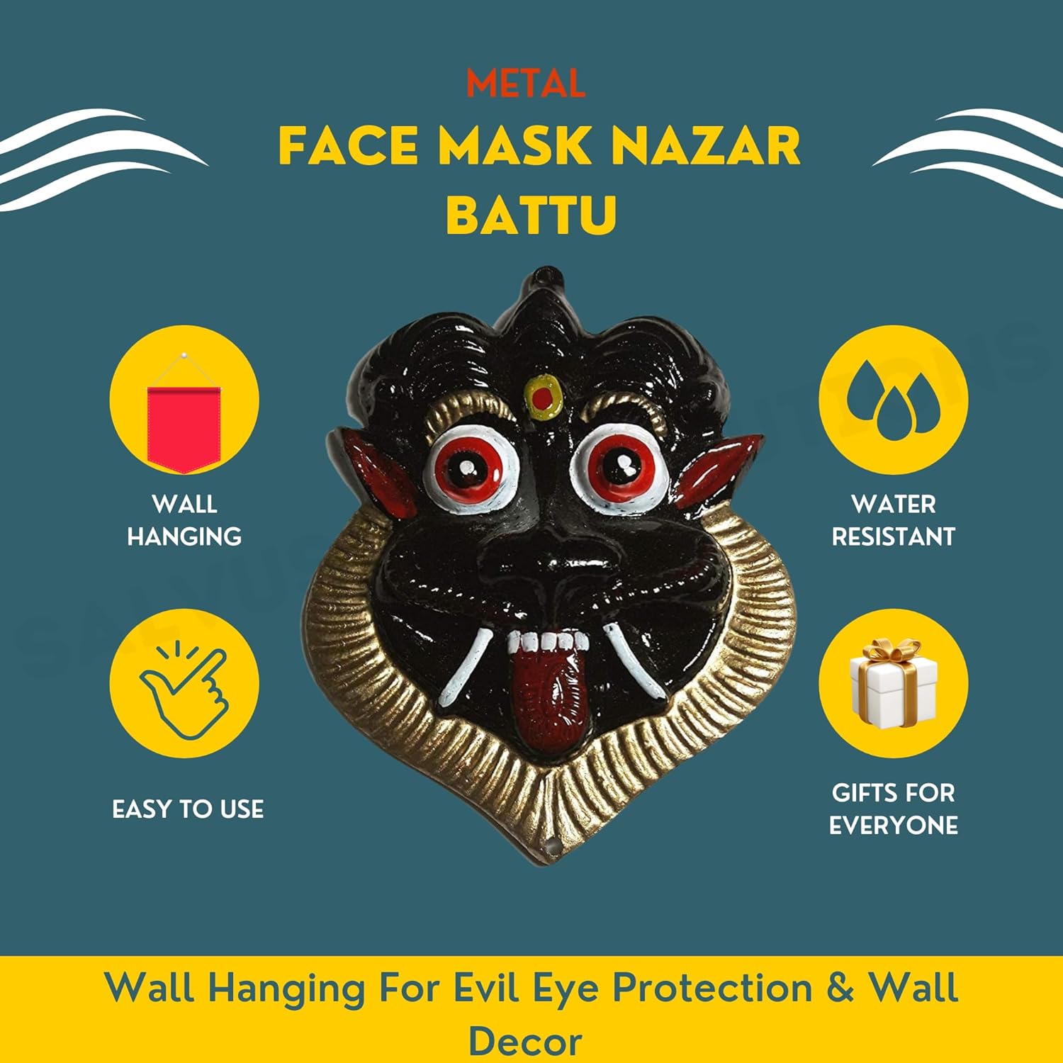 Salvus APP SOLUTIONS Metal Mahakal Face Mask Wall Hanging Nazar Battu, Evil Eye Protector, Suraksha Kawach for Home,Office & Shop (Black, Set of 2_10 cm) - Image 3