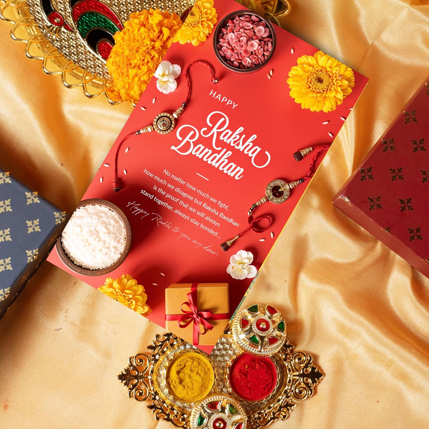 Oriole Gifts Rakhi Hamper for Brother with Premium Evil Eye Rakhi, Chocolate Bites, Almond Brittles, Coffee Almond Nutties, Paan Shots, Snacks & Greeting Card | Rakshabandhan Gift for Brother with Chocolate Gift Box - Image 9