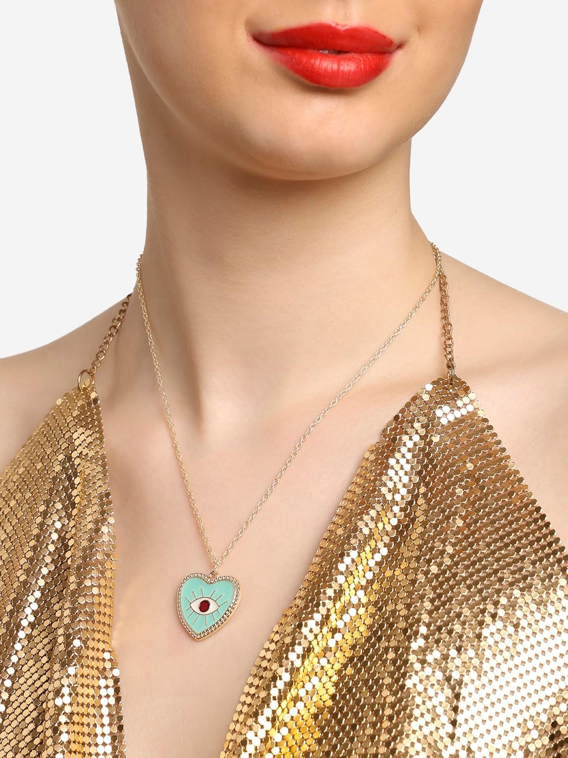 ZAVERI PEARLS Mint Green & Red Enamelled Evil Eye Heart Shape Contemporary Pendant & Chain For Women-ZPFK16780 - Image 4