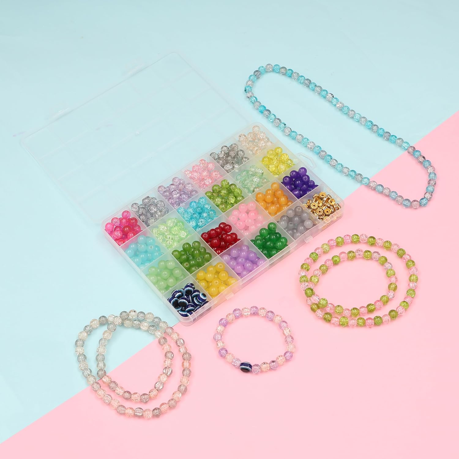 Ambitieux Children Jewelry Making Craft Bracelet Kits set for Kids - DIY 24 Compartment Box, 700+ Colorful Beads, Ear Hangings, Lobster Locks & Rings , 8 Pcs of Charms With Accessories - Birthday Gift for Girls 4 5 6 7 Years (Glass Beads Kit) - Image 5