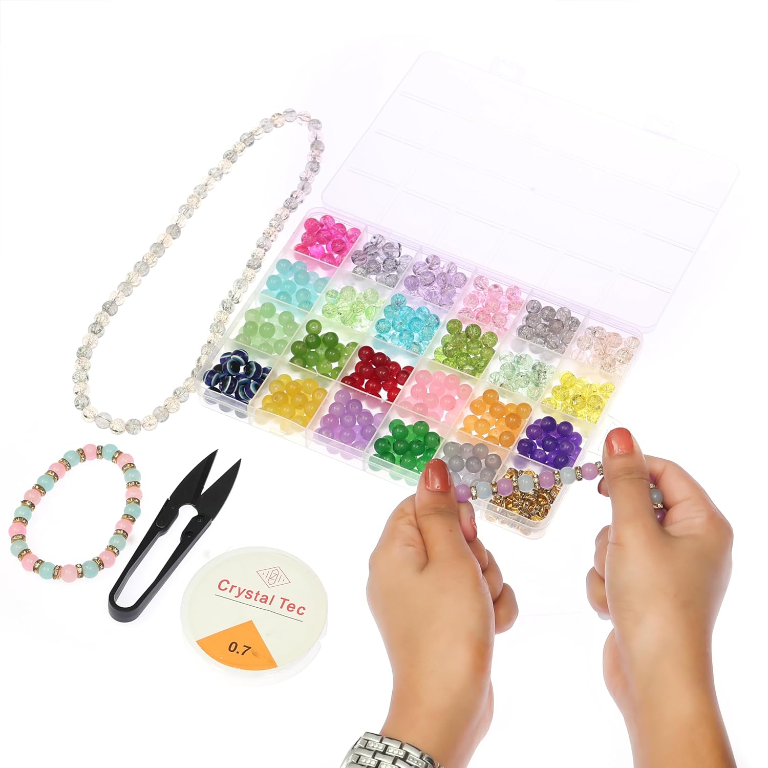 Ambitieux Children Jewelry Making Craft Bracelet Kits set for Kids - DIY 24 Compartment Box, 700+ Colorful Beads, Ear Hangings, Lobster Locks & Rings , 8 Pcs of Charms With Accessories - Birthday Gift for Girls 4 5 6 7 Years (Glass Beads Kit) - Image 10