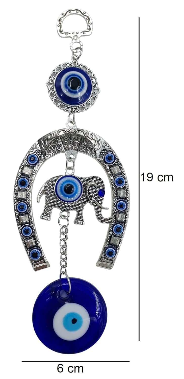 ABHISHAR'S Turkish Evil Eye Wall Hanging, Silver Horseshoe with Elephant Charm, Blue Glass Evil Eye Beads, Traditional Home Decor - Image 3