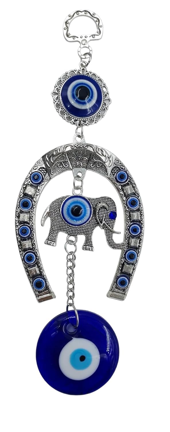 ABHISHAR'S Turkish Evil Eye Wall Hanging, Silver Horseshoe with Elephant Charm, Blue Glass Evil Eye Beads, Traditional Home Decor - Image 4