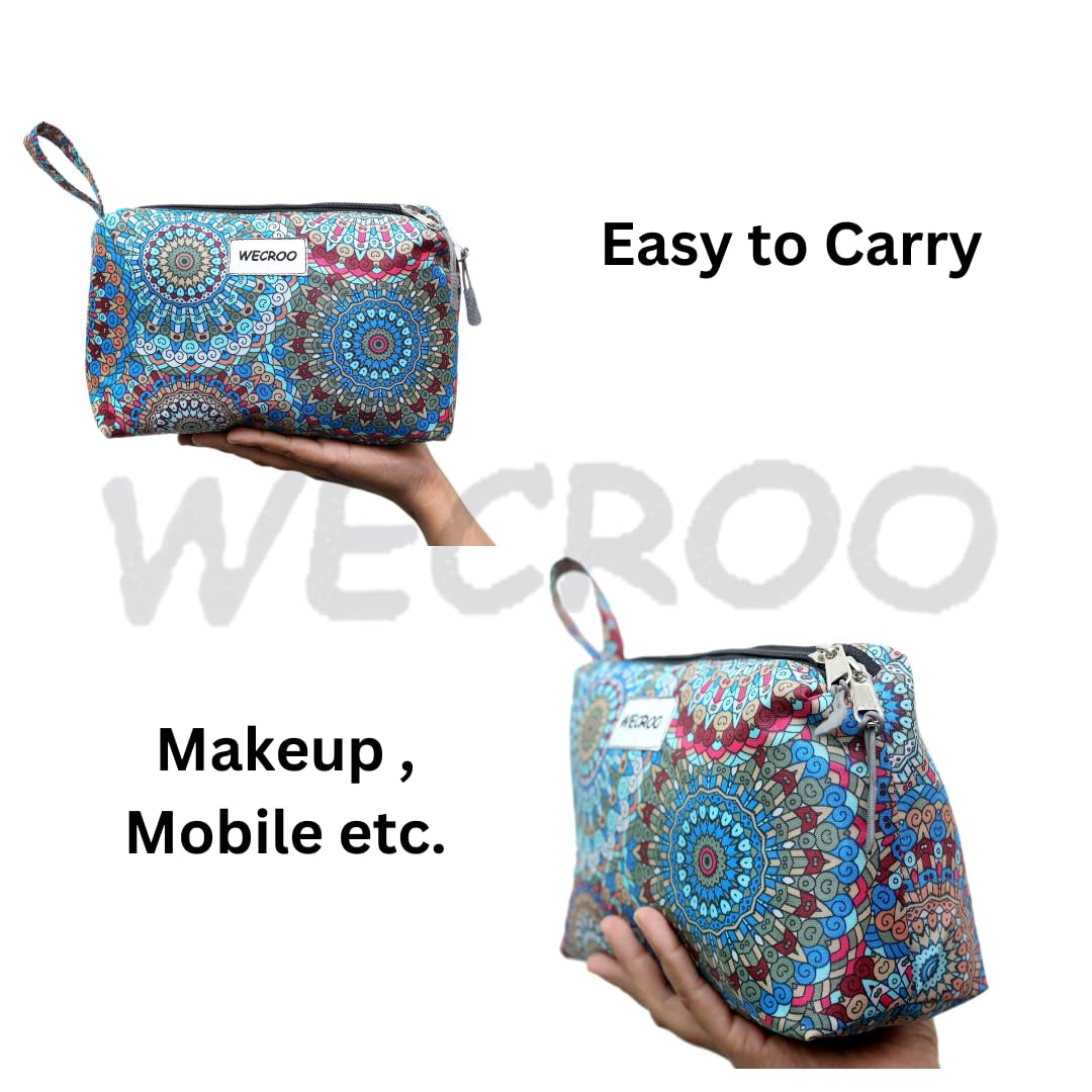 WECROO Printed Makeup Pouches for Women Stylish Pouch for Makeup Accessories Travel Pouch Cosmetic Pouches Toiletry Bag for Women (Blue Multi (Jaipuri Print), Small) - Image 3