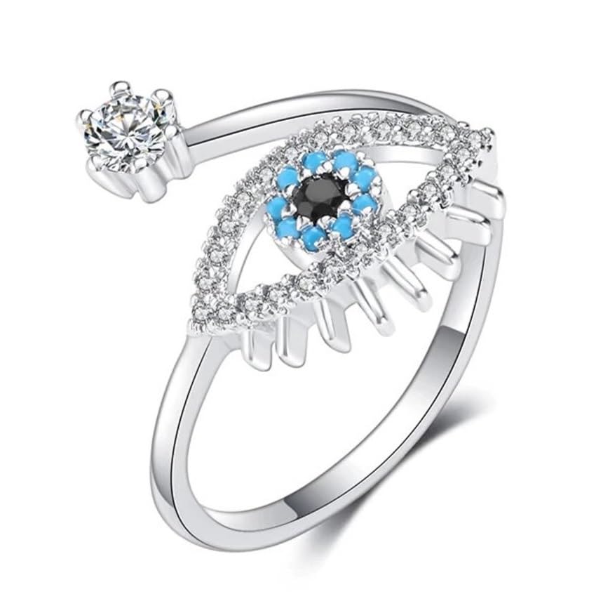 Bigwheels Silver Valentine's Day Adjustable Size Stainless Steel Crystal Diamond Nug/Stone Studded Romantic Love Sparkling Blue Evil Eye Nazariya Protection Charming Thumb Finger/Knuckle Rings - Image 2