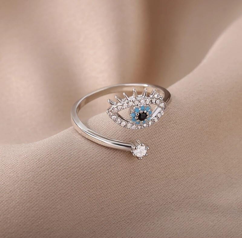 Bigwheels Silver Valentine's Day Adjustable Size Stainless Steel Crystal Diamond Nug/Stone Studded Romantic Love Sparkling Blue Evil Eye Nazariya Protection Charming Thumb Finger/Knuckle Rings - Image 3
