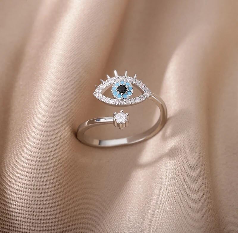 Utkarsh Silver Valentine's Day Adjustable Size Stainless Steel Crystal Diamond Nug/Stone Studded Romantic Love Sparkling Blue Evil Eye Nazariya Protection Charming Thumb Finger/Knuckle Rings - Image 4