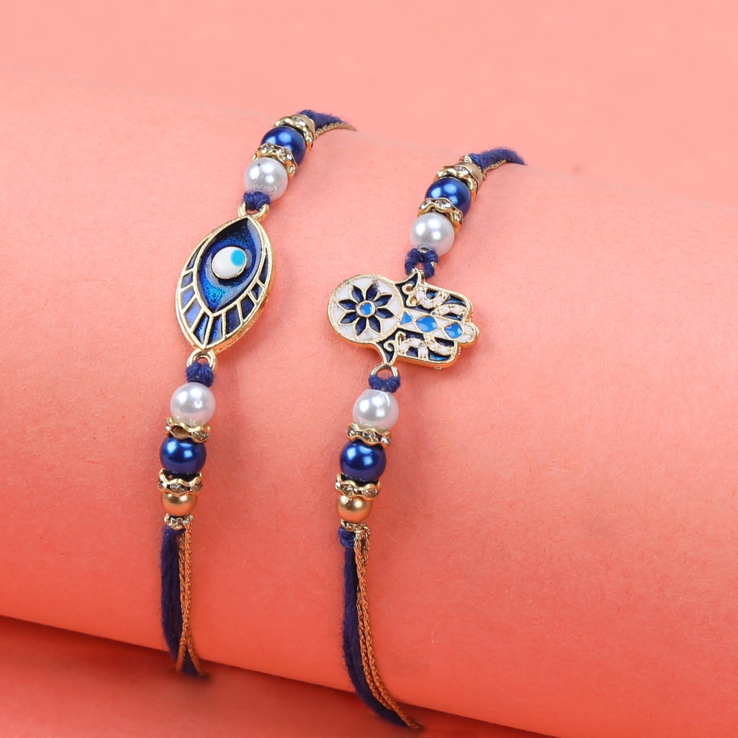 Kaameri Bazaar Rakhi for Brother combo with chocolate - Set of 2 Rakhi with 50 g Chocolate Biscuit Balls Gift Pack Greeting Card and Roli Chawal - Rakhi Gift for Brother - Evil eye and hamsa rakhi. - Image 7