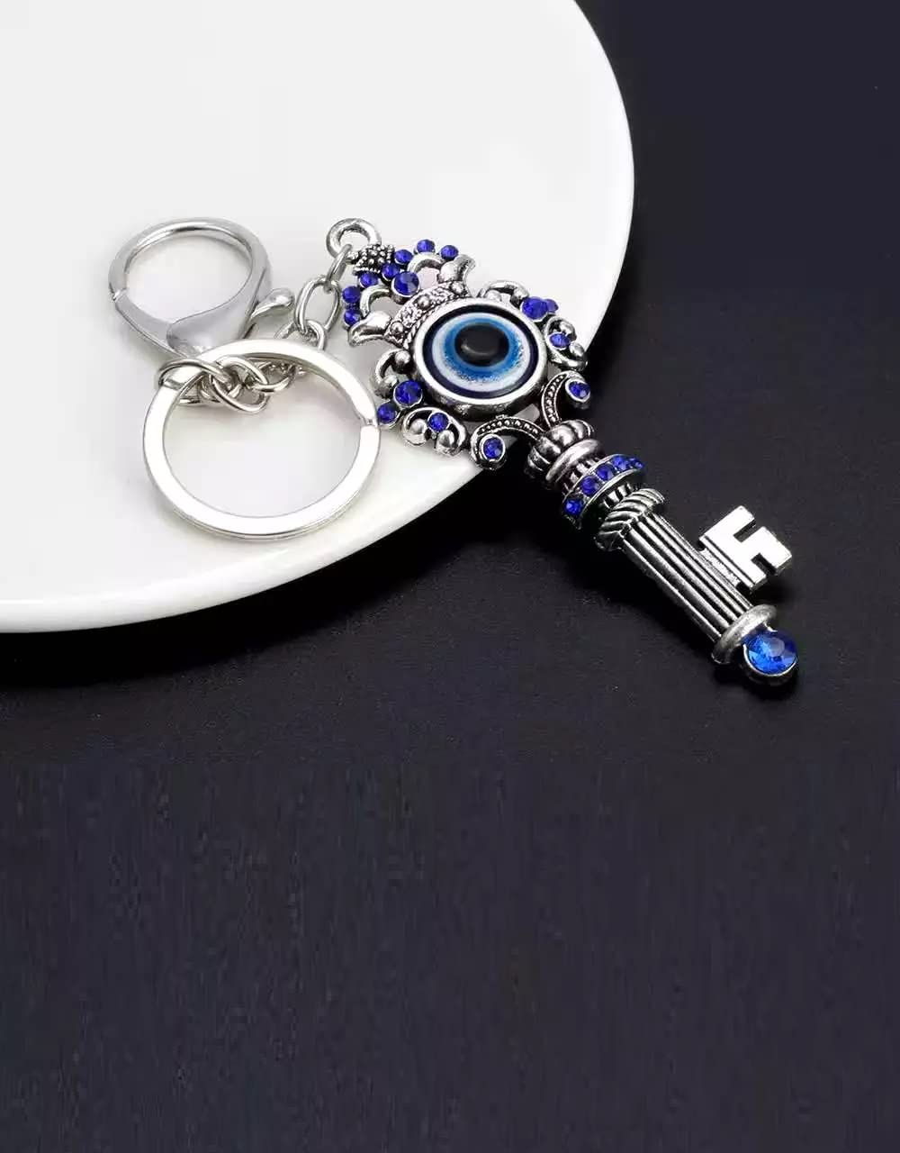 BLUE BEADS Combo Blue and Silver Evil Eye with Key Shape Keychain For Bike/Car Gifting With Key Ring Anti-Rust (Pack Of 2) - Image 4
