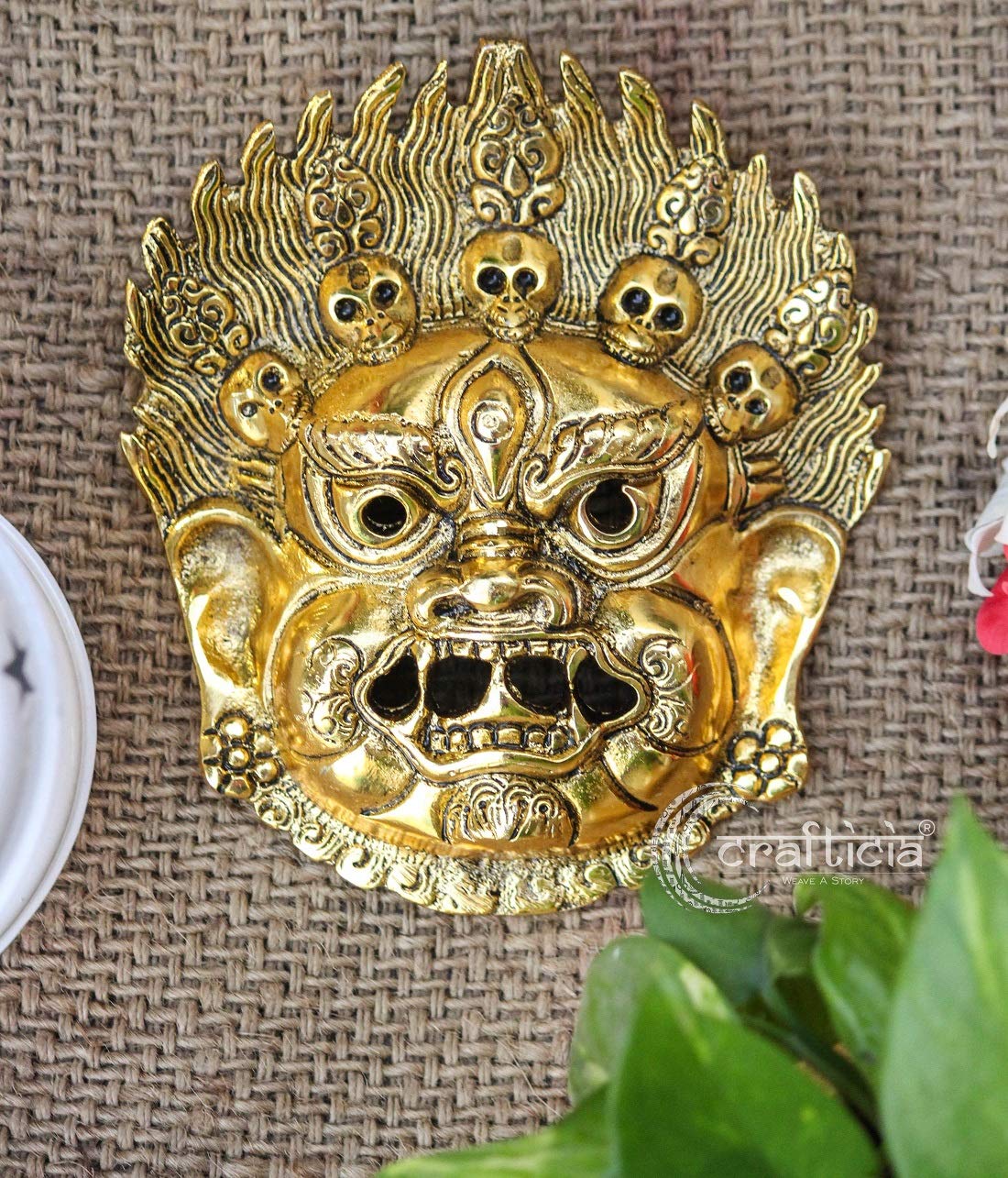 CRAFTICIA Metal Mahakal Face Mask Negative Energy Remover Nazar Battu Evil Eye Protector Wall Hanging (6 inch, Golden), Medium (CRME4345-2) - Image 2