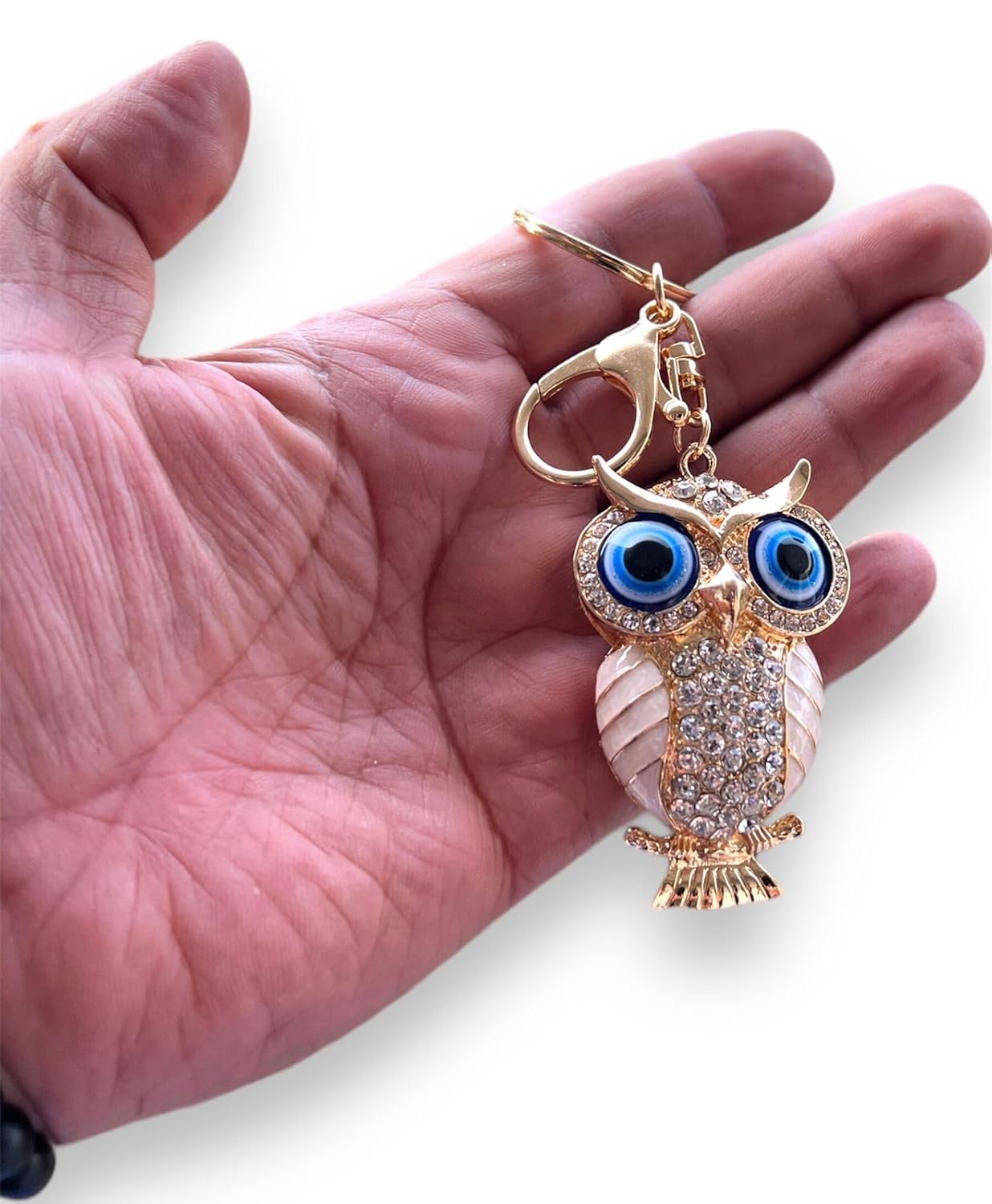 BLUE BEADS Combo Gold with Evil Eye Crystal Rhinestone Sparkling Owl Fridge Magnet and Keychain Handbag Charm For Women (White) - Image 4
