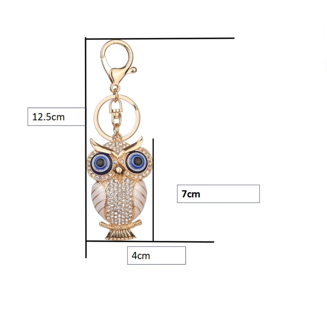 BLUE BEADS Combo Gold with Evil Eye Crystal Rhinestone Sparkling Owl Fridge Magnet and Keychain Handbag Charm For Women (White) - Image 8