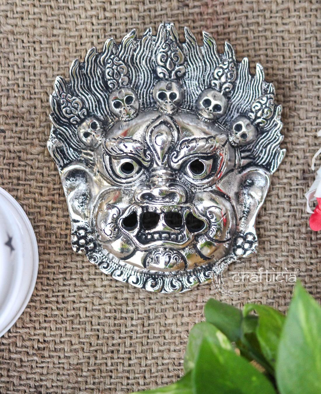 Articia Metal Mahakal Face Mask Negative Energy Remover Nazar Battu Evil Eye Protector Wall Hanging (6 inch, Silver), Medium (ARME4346) - Image 2