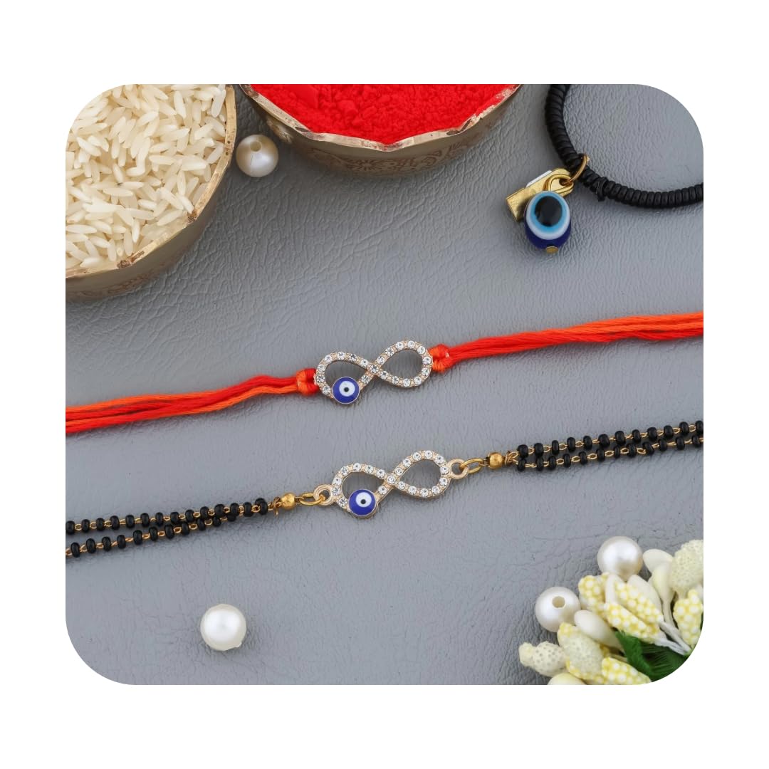 PRAGI Infinity Evil Eye Rakhi Set for Bhai & Bhabhi – Red Thread Protective Raksha Bandhan Rakhi for Couple with Roli Chawal & Evil Eye Bracelet - Image 2