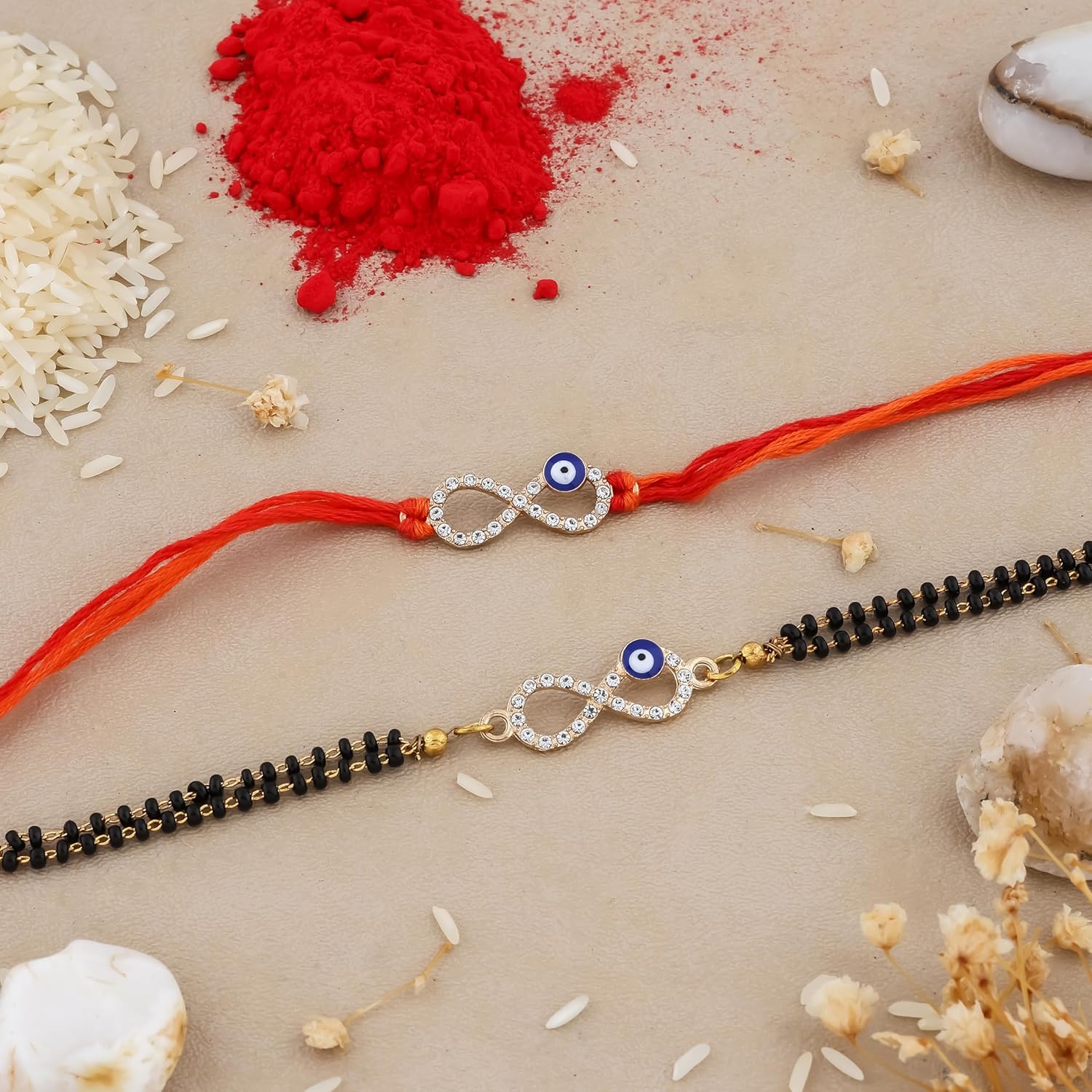 PRAGI Infinity Evil Eye Rakhi Set for Bhai & Bhabhi – Red Thread Protective Raksha Bandhan Rakhi for Couple with Roli Chawal & Evil Eye Bracelet - Image 3