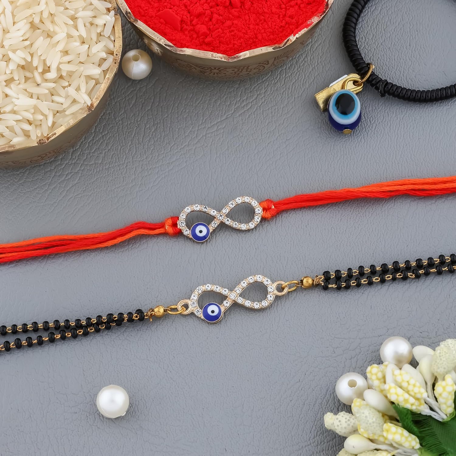 PRAGI Infinity Evil Eye Rakhi Set for Bhai & Bhabhi – Red Thread Protective Raksha Bandhan Rakhi for Couple with Roli Chawal & Evil Eye Bracelet - Image 5