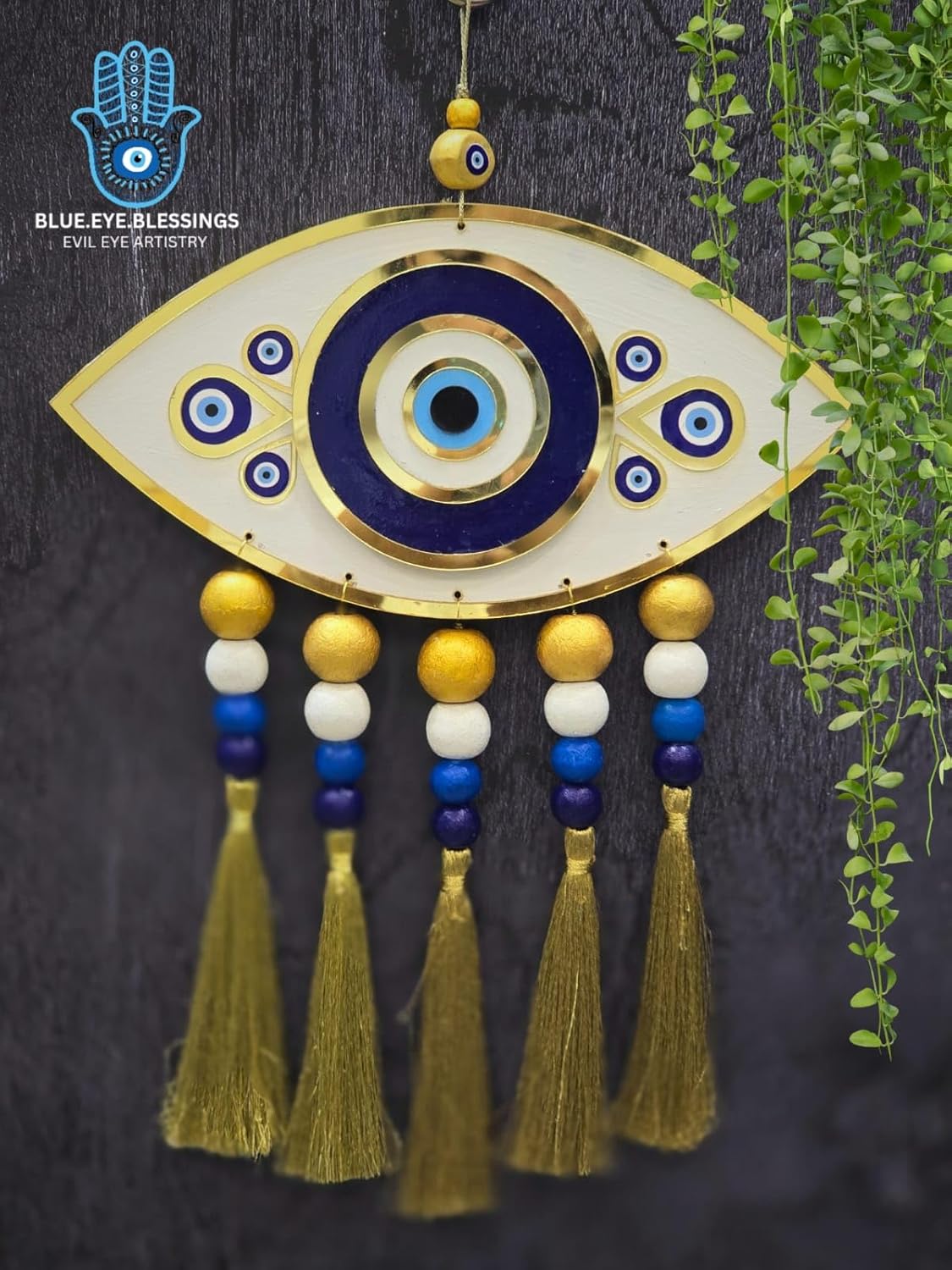Evil Eye Eye-Shaped Wall Hanging for Protection & Good Luck | Nazar Battu Feng Shui Home Decor with Tassels & Beads | Vastu Positive Energy Charm for Living Room, Bedroom, Office | Spiritual Gift Item - Image 3