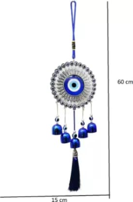 Feng Shui & Vastu/Evil Eye Wall Hanging with Bells for Good Luck Charm and Prosperity Decorative Showpiece (Metal, Blue) (ROUND Evil EYE) - Image 7