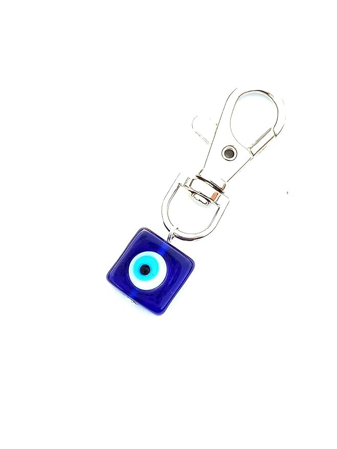 SHILPMART Evil Eye Glass Keychain, Blue Square Pendant with Silver Clasp, Lucky Charm - Image 3