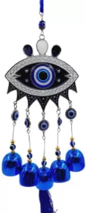 Feng Shui & Vastu/Evil Eye Wall Hanging with Bells for Good Luck Charm and Prosperity Decorative Showpiece (Metal, Blue) (ROUND Evil EYE) - Image 2