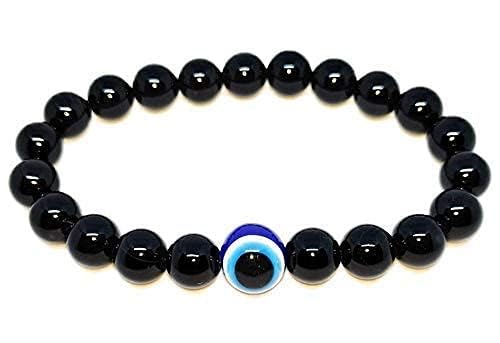 ARYANSH SHOPPE Black Tourmaline Bracelet Evil Eye Natural Healing Stone Gemstone Bracelet for Men & Women, Color Black, Bead Size 8 mm (Pack Of - Image 3