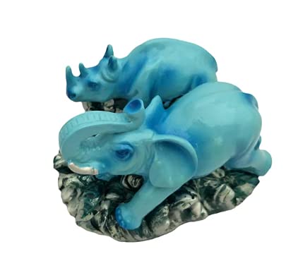KESAR ZEMS FengShui Symbol of Protection Pair of Elephant and Rhinoceros Statue for Good Luck/Decor.(8 x 10 x 7 Cm) Sky Blue. - Image 3