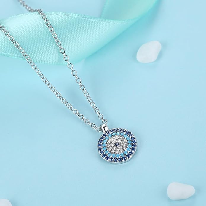 STYLE KRAFT Silver Circular Classy Evil Eye Chain Necklace, Zirconia Studded Pendant Necklace Evil Eye Collection, for Girls Gift for Her Bestfriend Girlfriend - Image 4
