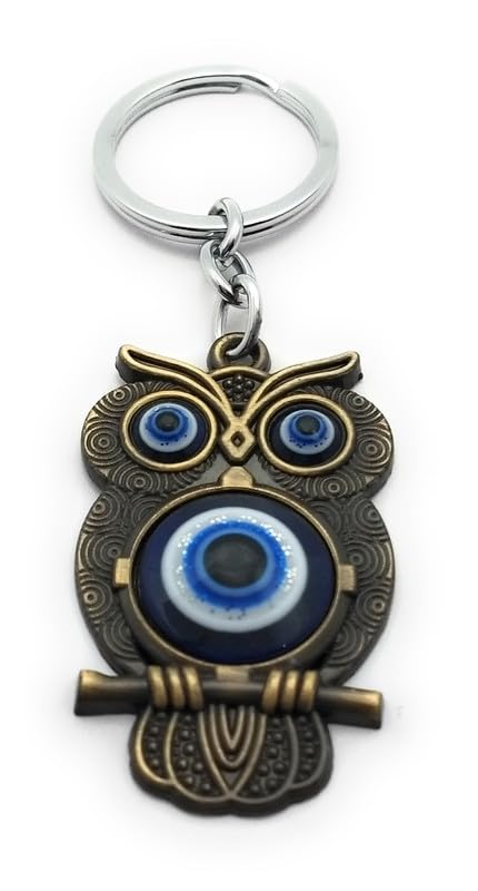 Owl with Evil Eye Good Luck Metal Keychain with Keyring for Home Office Car Bike Men Women Boys Girls (Bronze and Blue) - Image 2