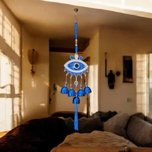 All Stock Central 5 Bells Evil Eye Wall Hanging - Good Luck Charm & Prosperity Decor for Your Home Decorative Showpiece - 40 cm (Metal, Blue) - Image 3