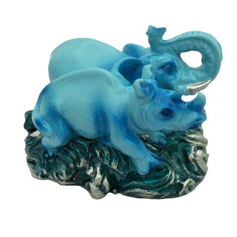 KESAR ZEMS FengShui Symbol of Protection Pair of Elephant and Rhinoceros Statue for Good Luck/Decor.(8 x 10 x 7 Cm) Sky Blue. - Image 2