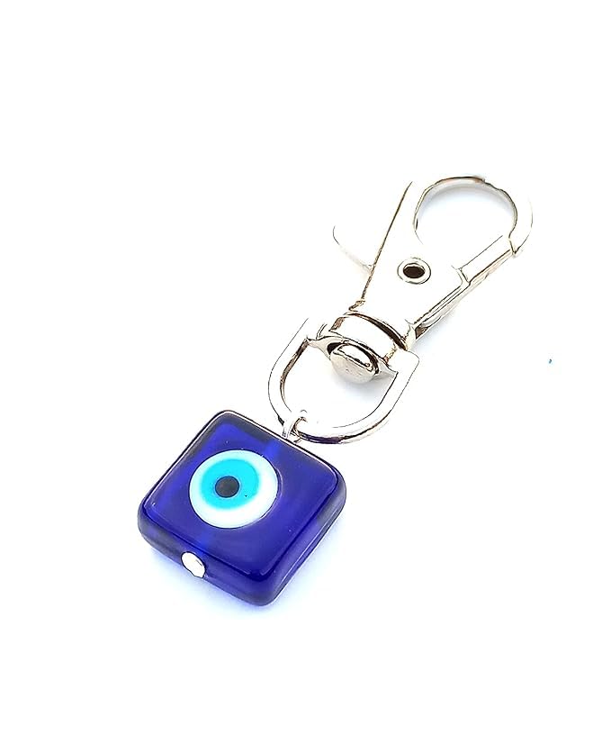 SHILPMART Evil Eye Glass Keychain, Blue Square Pendant with Silver Clasp, Lucky Charm - Image 2