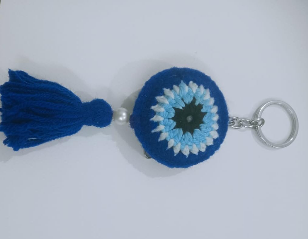 NeelamCrochet's Handmade Evileye keyring | Lightwight keyring made of cotton thread | Blue & White colour - Image 3