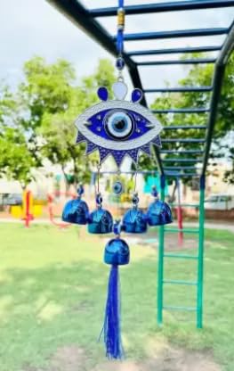 Feng Shui & Vastu/Evil Eye Wall Hanging with Bells for Good Luck Charm and Prosperity Decorative Showpiece (Metal, Blue) (ROUND Evil EYE) - Image 3