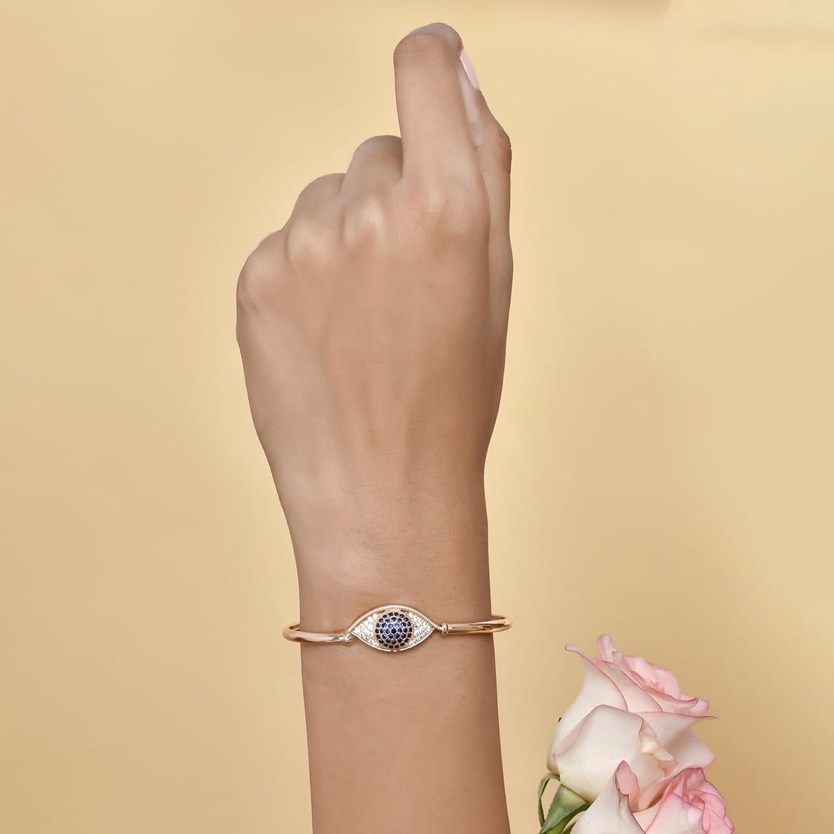 VOYLLA Sparkling Elegance Round Cut Blue and White CZ Evil Eye Adjustable Bracelet For Women|CZ Women Cuffs Bracelets|Gift For Women |Women's Gift|Valentine Gift| - Image 4
