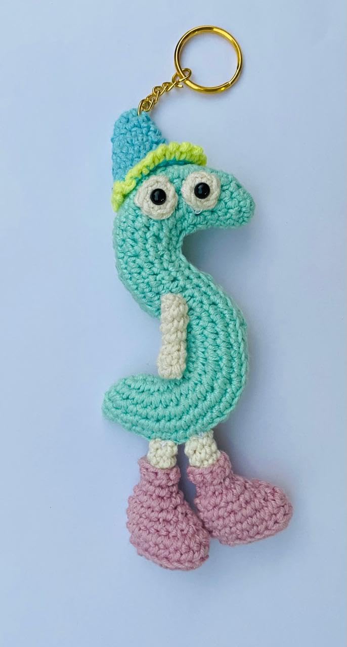 Handmade Crochet S character Keychain, Mint Green and Pink, Cute Amigurumi Character - Image 2