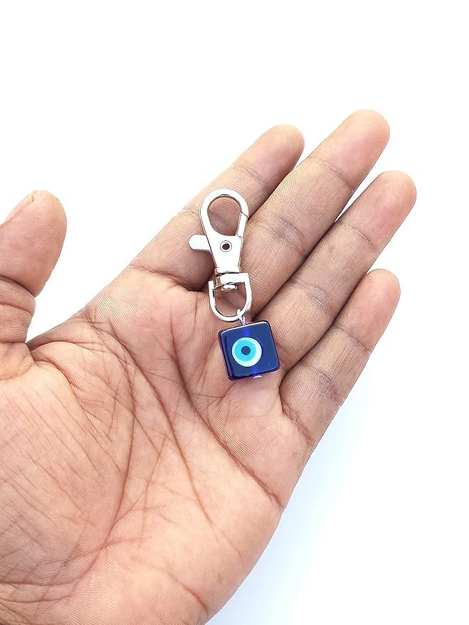 SHILPMART Evil Eye Glass Keychain, Blue Square Pendant with Silver Clasp, Lucky Charm - Image 5