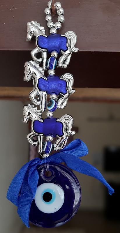 Blue Turkish Evil Eye Hanging for Home Entrance Wall, Door, Car Mirror Hanging Protection, Prosperity, & Luck, Evil Eye Set of 1 Gift Item (3 Horse Silver) - Image 4