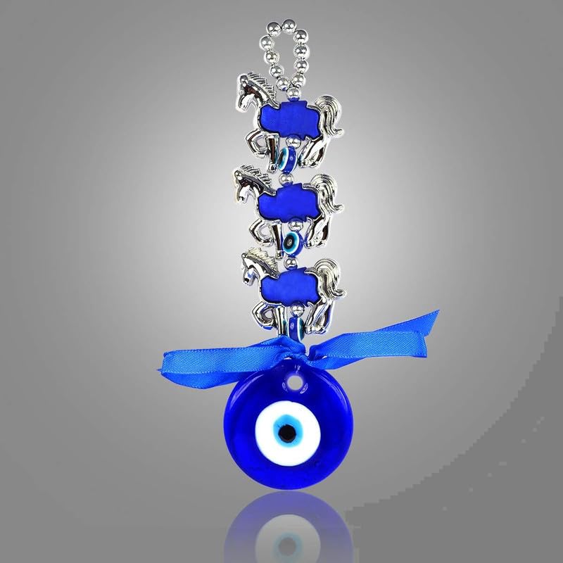 Blue Turkish Evil Eye Hanging for Home Entrance Wall, Door, Car Mirror Hanging Protection, Prosperity, & Luck, Evil Eye Set of 1 Gift Item (3 Horse Silver) - Image 3