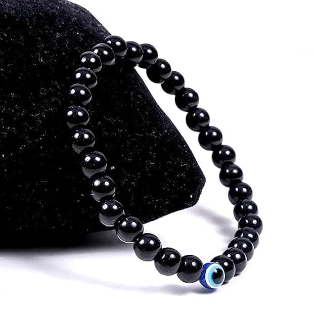 ARYANSH SHOPPE Black Tourmaline Bracelet Evil Eye Natural Healing Stone Gemstone Bracelet for Men & Women, Color Black, Bead Size 8 mm (Pack Of - Image 4