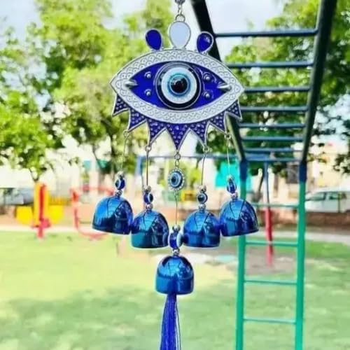 All Stock Central 5 Bells Evil Eye Wall Hanging - Good Luck Charm & Prosperity Decor for Your Home Decorative Showpiece - 40 cm (Metal, Blue) - Image 2