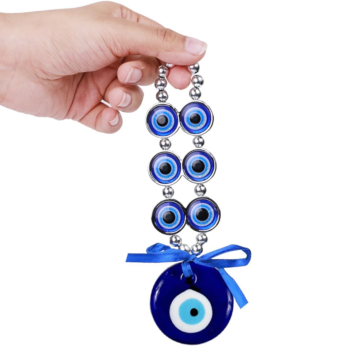 Turkish Evil Eye Wall Hanging, Blue Glass Beaded Amulet with Silver Chain and Bow, Home Protection Decor - Image 2