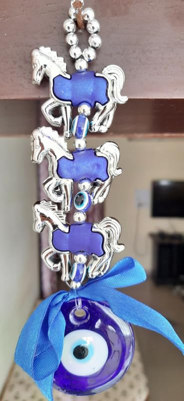 Blue Turkish Evil Eye Hanging for Home Entrance Wall, Door, Car Mirror Hanging Protection, Prosperity, & Luck, Evil Eye Set of 1 Gift Item (3 Horse Silver) - Image 5
